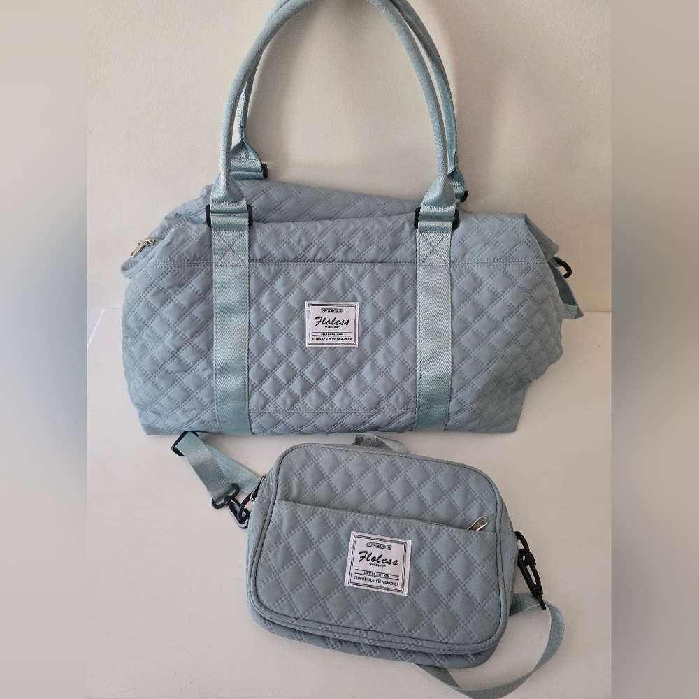 Blue Quilted Weekender Travel Bag + Matching Crossbody Set